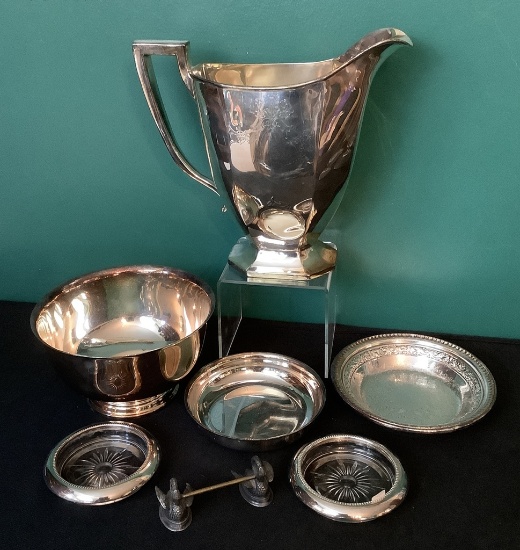 Silverplated Pitcher - 9¼";     3 Bowls;     2 Coasters;     Swan Knife Res