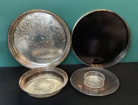 2 Large Silverplated Round Trays W/ Gallery Rails - 15";     Various Trays