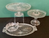 2 Glass Cake Plateaus;     Coin Glass Nappy;     Vintage Glass Dresser Tray
