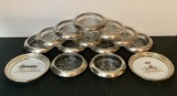 12 Sterling & Glass Coasters;     2 Automobile Sterling Coasters