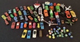 Estate Lot Toy Cars, Matchbook, Tootsie Toy Etc. & Bag Of Old Marbles