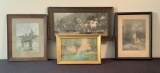 4 Framed Art Pieces Including Hand Colored Engraving, Watercolor, 2 Early P