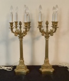 Pair Vintage Heavy Cast Brass Lamps - 1 Candle Sleeve Chipped