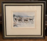 J.R. Hamil Print - Winter Scene W/ Cows, Artist Signed, Framed W/ Glass, 12