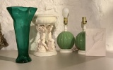 Tall Green Glass Vase;     Pair Vintage 1950s-60s Lamps;     Cherub Statue;