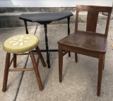 Vintage Chair;     Needlepoint Stool & Half Table