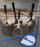 Lot Old Wooden Yard Sticks;     5 Wooden Tennis Rackets