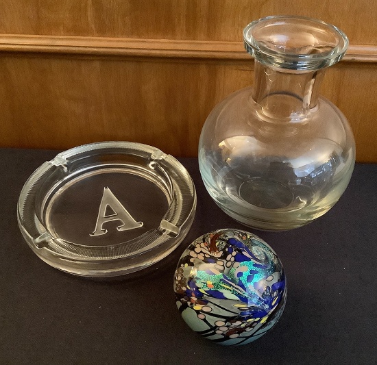 Nice Heavy Glass Vase - 9";     Glass Cigar Ashtray;     Nice Art Glass Orb