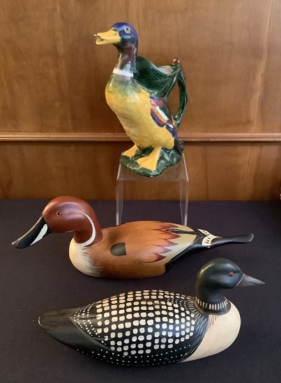 2 Wooden Hand Painted Ducks;     Vintage Duck Pitcher - 10"