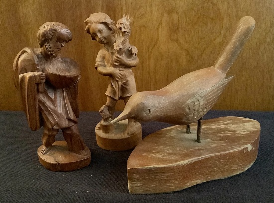 Hand Carved Wooden Bird On Base;     2 Hand Carved Wooden Figures - 3½"