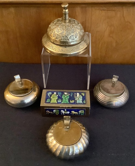 Brass Counter Bell;     3 Silver Travel Candles;     Brass & Enameled Stamp