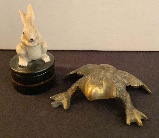 Vintage Takahashi Rabbit Box;     Brass Frog