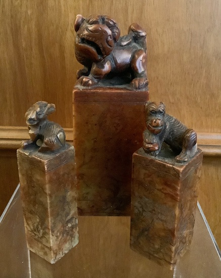 3 Stone Asian Carvings - Foo Dog, Rabbit & Monkey, Tallest Is 4½"