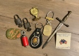Estate Lot Misc. - Audubon Bird Call, Letter Opener, Vintage Key Chains, Wo