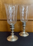 Pair Weighted Gorham Sterling Candlesticks W/ Glass Hurricanes - Total 33.4