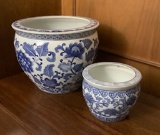 2 Blue & White Chinese Fish Bowls - Largest Is 14