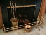 9 Pieces Brass Fireplace Items - Fender, Andirons, Tools Etc.