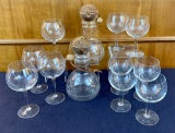 2 1970s Vintage Decanters;     10 Wine Stems - 1 Has Small Chip