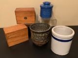 2 Oak Recipe Boxes - Full;     2-piece Butter Crock;     Studio Art Pottery