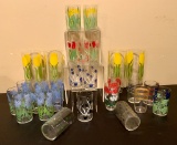 25 Old Small Jelly Jar Glasses;     4 Tulip Iced Tea Glasses