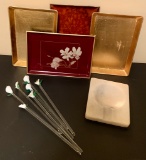 7 Vintage Calla Lily Glass Stir Sticks;     Small Marble Spoon Rest;     4