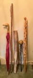 Estate Lot - Vintage Duck-Handled Umbrella, Rain Stick, Rattle, 2 Walking S