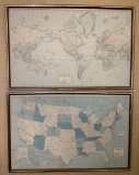 2 Vintage Wall Maps - Framed, 32