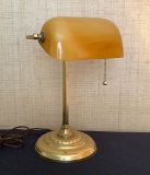 Brass Bankers' Lamp W/ Caramel Glass Shade - 15½