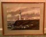 Charles Kimball Watercolor - Lighthouse At Pigeon Point California, Framed