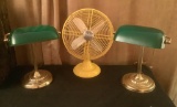 Yellow Holmes Fan;     2 Brass & Green Cased Glass Bankers' Lamps