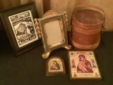 Estate Lot - Religious Icons, Wooden Sugar Bucket Etc.