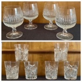 4 Cut Glass Brandy Snifters;     6 Cut Glass Rocks Glasses - 1 Has Small Ch