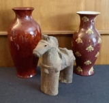 2 Porcelain Vases & Clay Horse - Tallest Is 8½