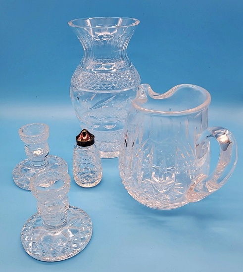 Waterford Crystal - Includes 9" Vase, Pitcher, Shaker & Pair Candlesticks
