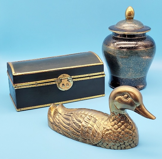 Ceramic Ginger Jar W/ Lid;     Nice Brass-Trimmed Wooden Box;     9" Brass