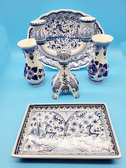 Portugal Blue & White Candelabra;     2 Portugal Dishes;     2 Delft Vases