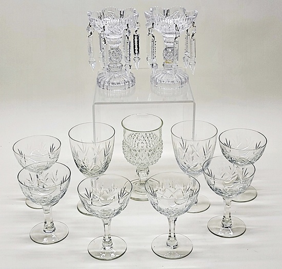 9 Pieces Misc. Stemware;     2 6½" Glass Candlesticks W/ Prisms