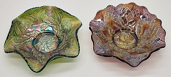 Green Millersburg Carnival Glass Bowl - Whirling Leaves, 10¼";     Amethyst