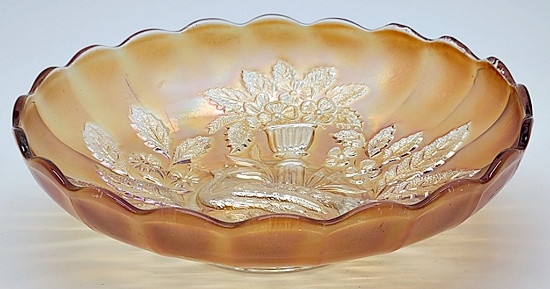Marigold Millersburg Carnival Glass Bowl - Peacock & Urn, 9½"