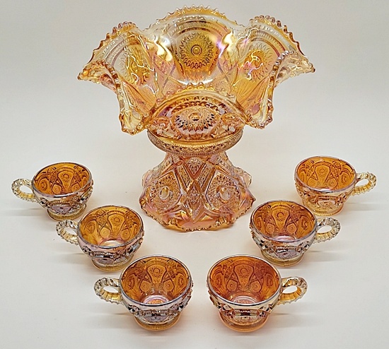 Marigold Imperial Carnival Glass Punch Set ( Bowl, Base & 6 Cups) - Fashion