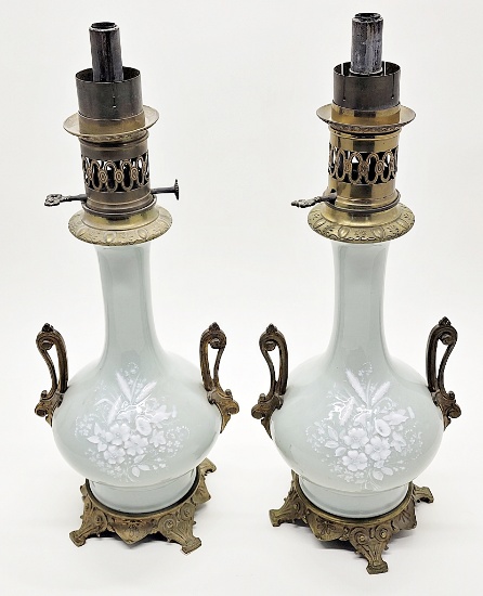 Pair French Pâte-Sur-Pâte 19" Celadon Oil Lamps