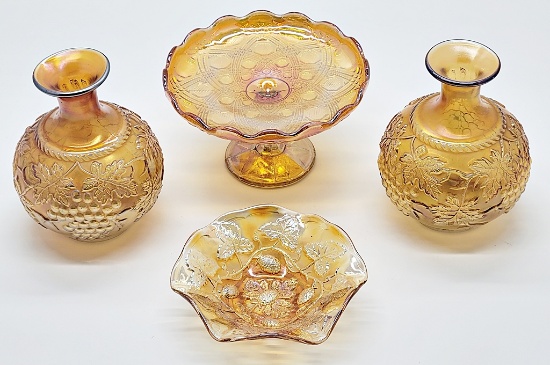 Marigold Carnival Glass Plateau - 7"x4";     Marigold Carnival Glass Dish -