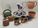 Estate Lot - Fitz & Floyd Tea Set, Pottery Oil Lamp, 2 Pitchers, Terra Cott