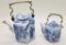 2 Blue & White Teapots W/ Brass Handles - Largest Is 12
