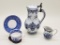 French Faience Lidded Pitcher;     Blue & White Cup & Saucer W/ Stand;