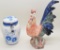 Blue & White Biscotti Jar;     Large Hand Painted Ceramic Rooster - 15
