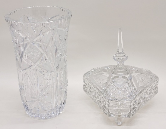 Cut & Etched Glass Vase - 10½";     Cut & Etched Glass Bowl W/ Lid