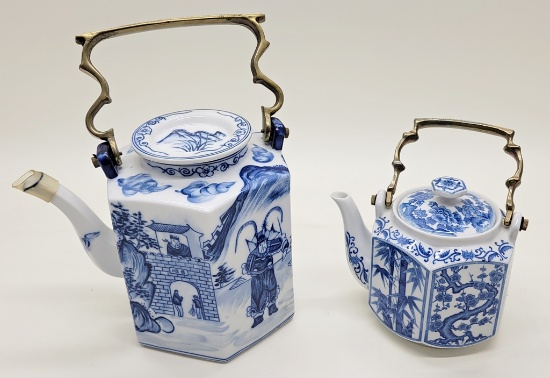2 Blue & White Teapots W/ Brass Handles - Largest Is 12"x10"