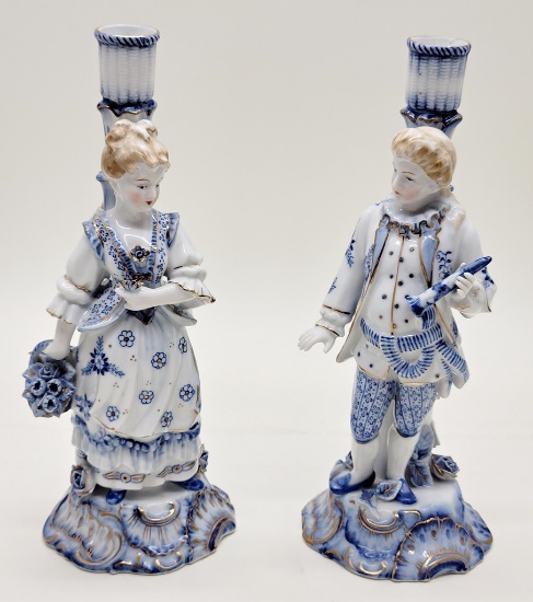 Pair Blue Danube Porcelain Figural Candleholders - 11½" Tall