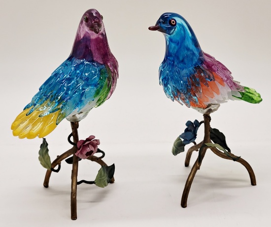 Pair Very Nice Parrot Venetian Glass Figures On Hand Painted Bases - 9"